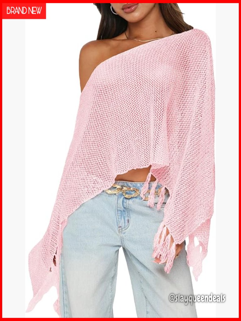 One Shoulder Knit Sheer Poncho Lightweight Fringe Pullover Summer Wrap